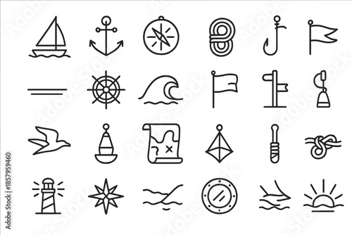 Nautical Line Icons. Line style icons of Nautical Journey: sailboat, anchor, compass, rope coil, horizon line, ship wheel, ocean