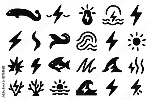 Electric Marine Icons. Solid style icons of Electric marine current: eel silhouette, spark wave, glowing current, power pulse,