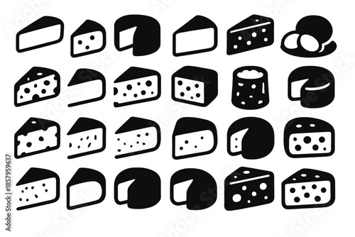 Cheese Varieties Icons. Solid style icons of Cheese Varieties: brie, gouda, cheddar, parmesan, blue cheese, camembert, gruyère,