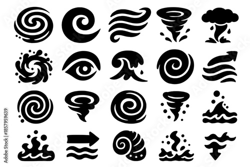 Ocean Vortex Icons. olid style icons of Ocean Vortex: whirlpool, spiral wave, sea current, spinning water, deep sinkhole, foam