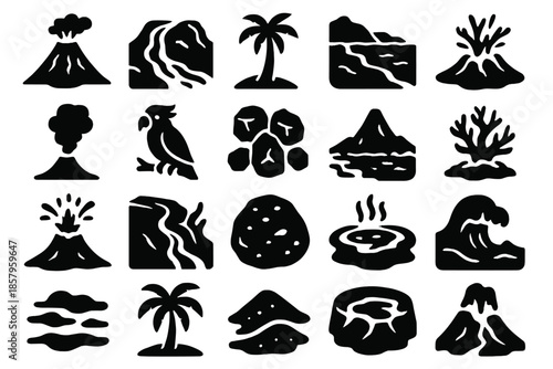 Volcanic Island Elements. Solid style icons of Volcanic Island: active volcano, lava river, palm tree, rocky shore, ocean wave,