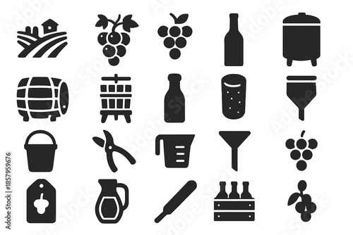 Wine Production Icons. Solid style icons of Wine Production: vineyard, grapevine, bunch of grapes, leaf, barrel, press, bottle,