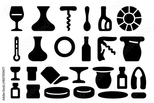 Wine Tasting Tools Icons. Solid style icons of Wine Tasting Tools: wine glass, decanter, corkscrew, bottle opener, tasting spoon,