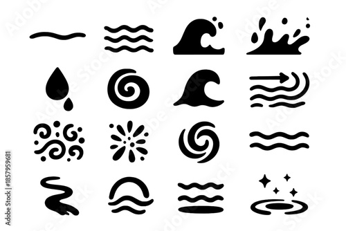 Water Movement Icons. Solid style icons of Water Movement: current line, ripple wave, foam crest, water splash, droplet fall,