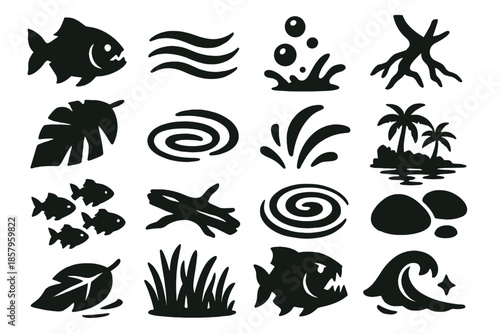 Jungle River Piranha Icons. Solid style icons of Jungle River Piranha: sharp-toothed fish, river current, bubbling water,