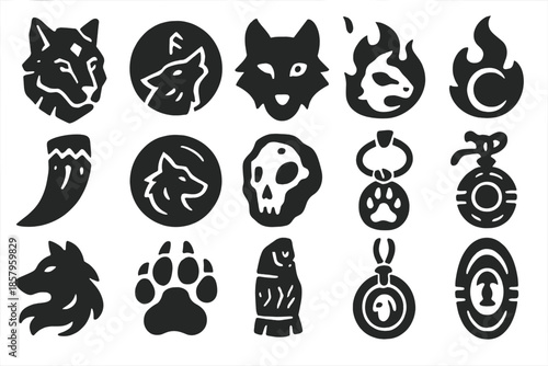 Mythic Wolf Totem Icons. Solid style icons of Mythic Wolf Totem: carved stone, rune symbol, glowing eye, spirit flame, fang