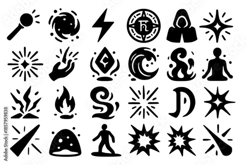 Magic Duel Icons. Solid style icons of Magic Duel: glowing staff, energy sphere, lightning arc, runic circle, cloaked figure,