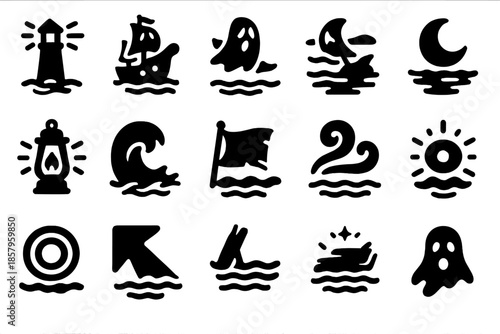 Lighthouse Spirits Ghost Ship. Solid style icons of Lighthouse Spirits Ghost Ship: glowing lighthouse, haunted ship, spectral sail