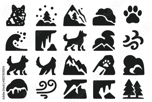 Avalanche Rescue Dog. Solid style icons of Mountain Avalanche Dog: snow-coated dog, falling snow, mountain slope, paw print, snow