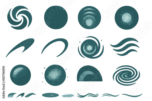 Vortex Patina Icons. Solid style icons of Vortex Patina Sonata: swirling vortex, oxidized metal texture, layered spiral, glowing