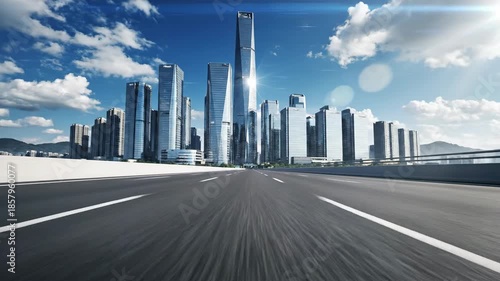 Modern Cityscape with Empty Highway and Skyscrapers.