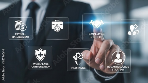 Closeup Businessman Hand selecting employee benefits icon on digital HR interface, representing payroll management, workplace compensation, insurance, and human resource strategy