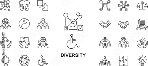 Diversity and Inclusion Line Icon Set Featuring Global Unity Handshakes Puzzle Pieces Disability Access Symbols Balance Scales and Collaborative Teamwork Graphics for Corporate Culture