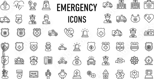 Emergency Services and Public Safety Line Icon Set Featuring Police Officers Ambulances Medical First Aid Kits Hospital Buildings Sirens and Urgent Care Symbols.