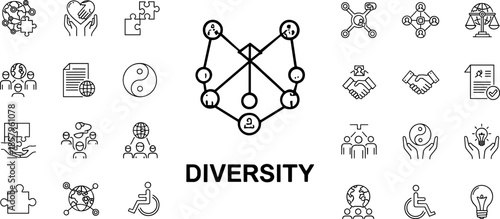 Inclusion and Diversity Color Line Icon Set Featuring Global Community Cooperation Social Balance Disability Access Teamwork Human Rights and Workplace Equality Concepts for Corporate Design.