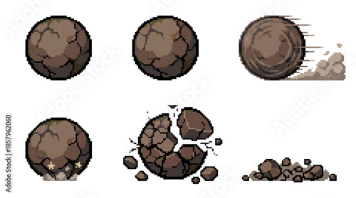 Pixel art boulder trap sequence on transparent background