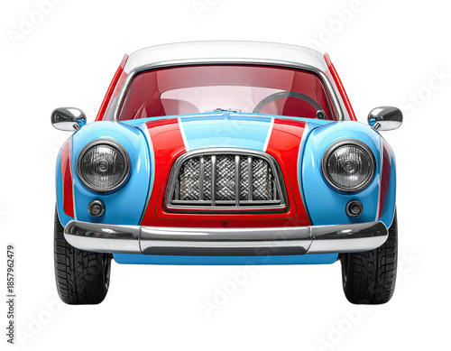 Front view of a colorful, vintage, cartoon-style sports car with bright blue, red, and white paint