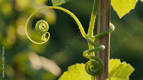 Close-up of a vibrant green tendril spiraling around a wooden support.