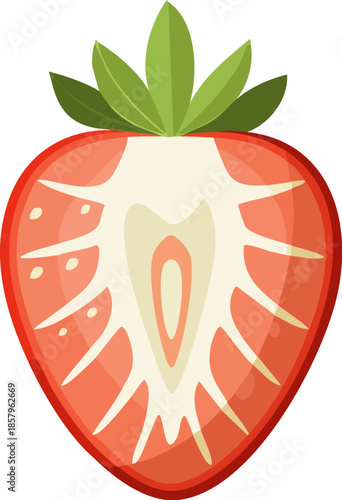 Flat vector illustration of a fresh strawberry sliced in half showing internal texture and seeds. Generative AI