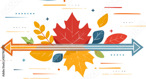 Flat minimalist autumn seasonal divider with colorful maple leaves and a decorative double-headed arrow line. Generative AI