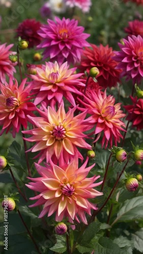 Colorful blooming dahlias with pink and red petals swaying in gentle breeze in garden closeup