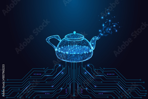 Digital teapot tech concept with a glowing low-poly kettle emitting neon particles.