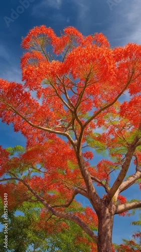 Vivid Red Flowering Tree Swaying in Breeze Under Bright Sky with Dynamic Camera Movement