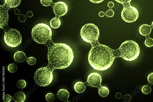 Futuristic neon green low-poly molecule pattern in glowing biotech style, vector