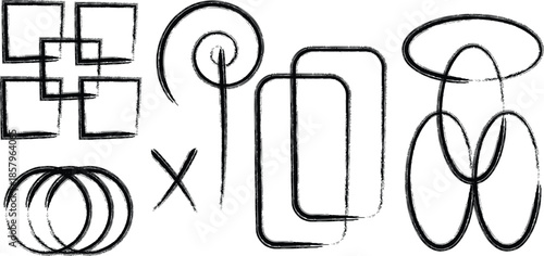 Geometric shapes and silhouette patterns in black lines on white background