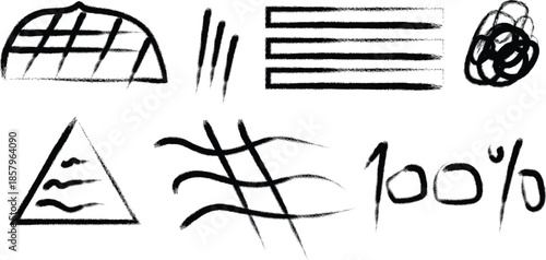 A collection of abstract shapes and symbols including a silhouette