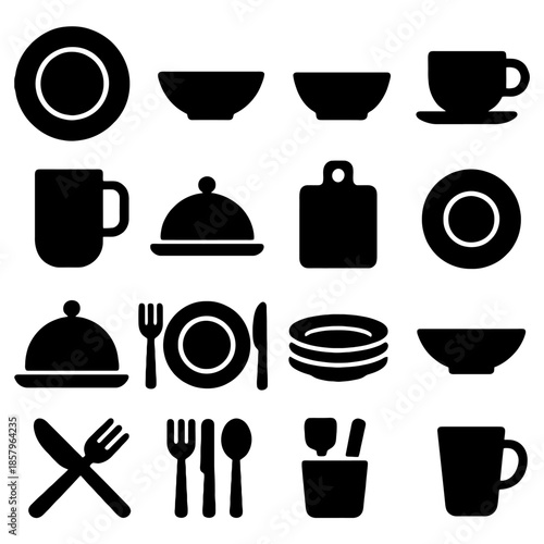 Culinary Collection: A harmonious arrangement of essential tableware, meticulously depicted with sleek silhouettes, presenting a variety of dining essentials