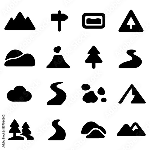 Nature Icon Set: A comprehensive collection of iconic symbols representing the natural world, perfectly suited for maps, guides, or informational materials. The set includes a variety of elements.