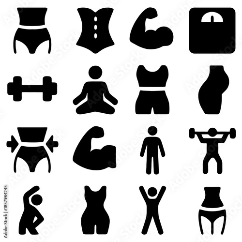 Fitness Symbols: A collection of concise icons representing key elements of health, wellness, and the pursuit of a fit lifestyle. Illustrating concepts such as exercise, body shape.
