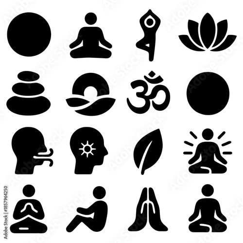Mindfulness Symbols: An illustrative collection of simple, black and white icons representing the essence of yoga, meditation, and spiritual wellness, promoting a sense of serenity.