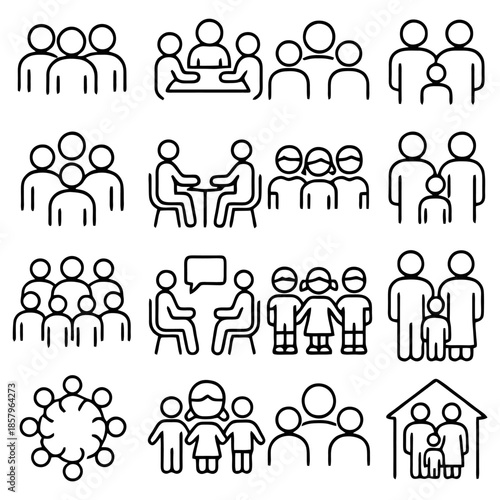 Diverse Icons of Human Connection: Collection of line art icons depicting various group configurations. Illustrating concepts such as unity, collaboration, and community.