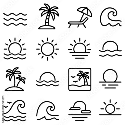 Tropical Seaside Icon Set: A vibrant collection of line art icons capturing the essence of a tropical paradise, featuring sun, palm tree, wave, and beach elements.
