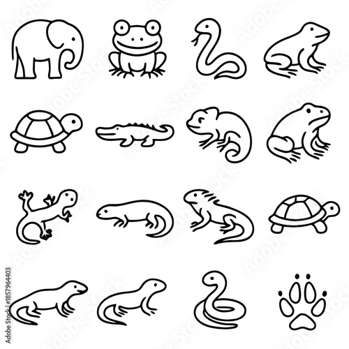 Animal Icons: A collection of simple, black-and-white icons of diverse animals, suitable for illustrating various concepts related to fauna, wildlife, and natural themes.