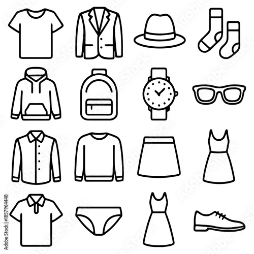 Fashion Essentials: A comprehensive collection of iconic apparel pieces and accessories, illustrated in a clean, minimalist style.