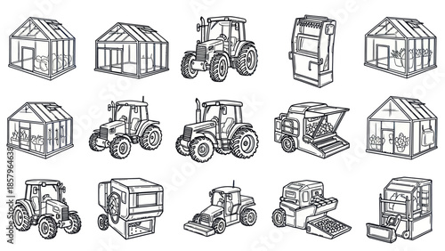 Agricultural machinery collection vector illustrations tractors and greenhouses