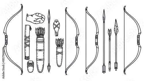 Archery equipment collection bows arrows quivers and protective gear
