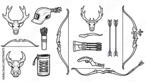 Archery equipment illustrations vector set of bows arrows and target designs