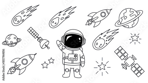 Astronaut and space elements black and white vector illustration