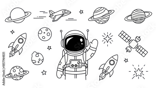 Astronaut and space elements black and white vector illustration