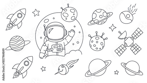 Astronaut and space elements black and white vector illustration