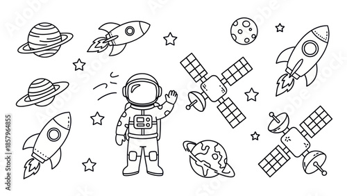 Astronaut and space elements black and white vector illustration