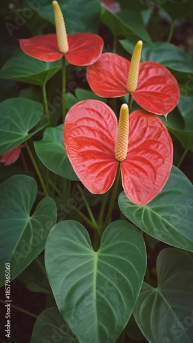 Closeup of Vibrant Red Anthurium Flowers with Large Green Leaves in Natural Garden Setting