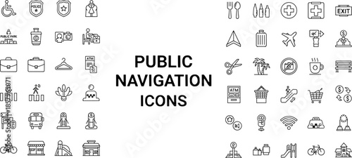 Public Navigation Line Icon Set Featuring City Wayfinding Map Markers Transportation Hubs Hospital Signs ATMs and Essential Urban Information Symbols for Travel and Tourism.
