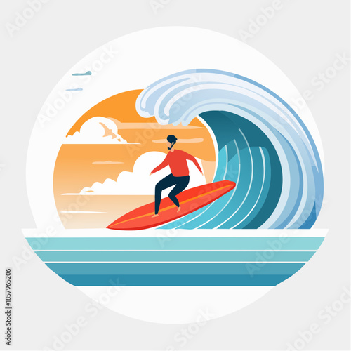 Surfer Riding a Wave on a Red Surfboard Illustration.