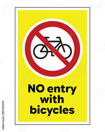 High-Visibility Yellow No Entry with Bicycles Safety Sign with Red Prohibitory Symbol and Bicycle Icon for Industrial Zones and Restricted Pedestrian Areas - Professional Vector Stock Image