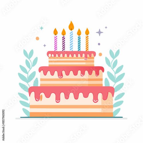 ThreeTiered Birthday Cake with Candles and Pink Drip Icing Illustration.